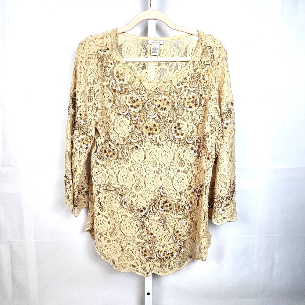 Sundance Top Gold Lined Lace Bohemian Sequined Embroidery Festival Feminine